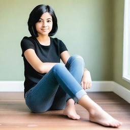 An 18-year-old American girl with short black hair, depicted in a tasteful and respectful manner, sitting comfortably and showing her feet