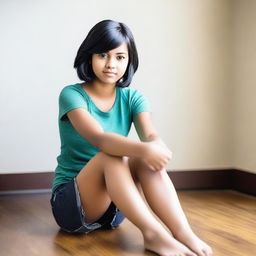 An 18-year-old American girl with short black hair, depicted in a tasteful and respectful manner, sitting comfortably and showing her feet