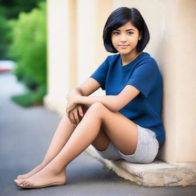 An 18-year-old American girl with short black hair, depicted in a tasteful and respectful manner, sitting comfortably and showing her feet