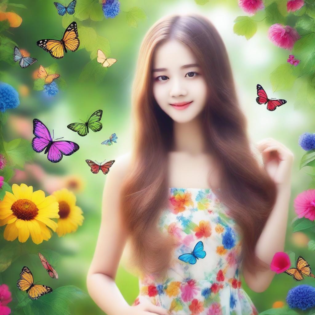 A beautiful girl with long flowing hair, wearing a summer dress, standing in a picturesque garden with colorful flowers and butterflies around