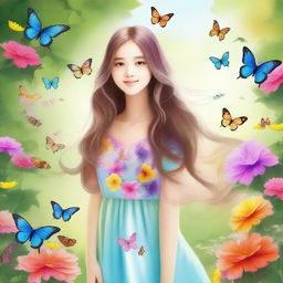 A beautiful girl with long flowing hair, wearing a summer dress, standing in a picturesque garden with colorful flowers and butterflies around