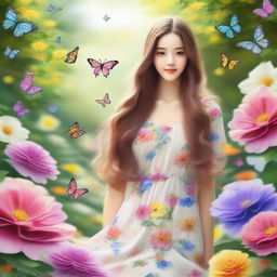 A beautiful girl with long flowing hair, wearing a summer dress, standing in a picturesque garden with colorful flowers and butterflies around