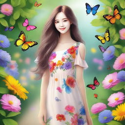 A beautiful girl with long flowing hair, wearing a summer dress, standing in a picturesque garden with colorful flowers and butterflies around