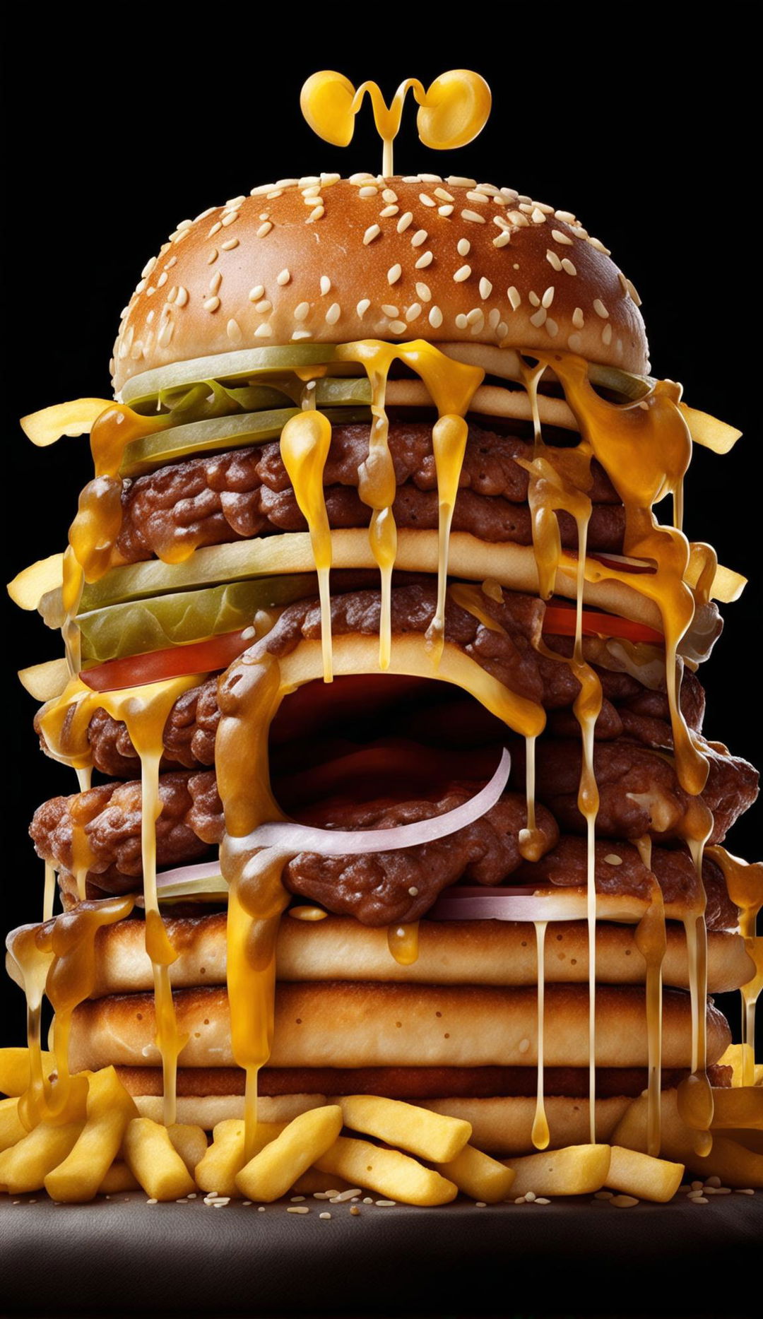 A grotesque man made entirely out of McDonald's burger components in a digital art portrait.