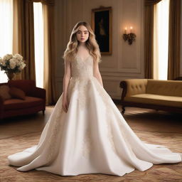 A gorgeous and cute Sabrina Carpenter wearing an elegant white gown