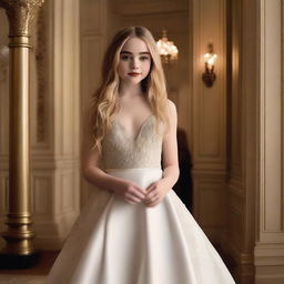 A gorgeous and cute Sabrina Carpenter wearing an elegant white gown