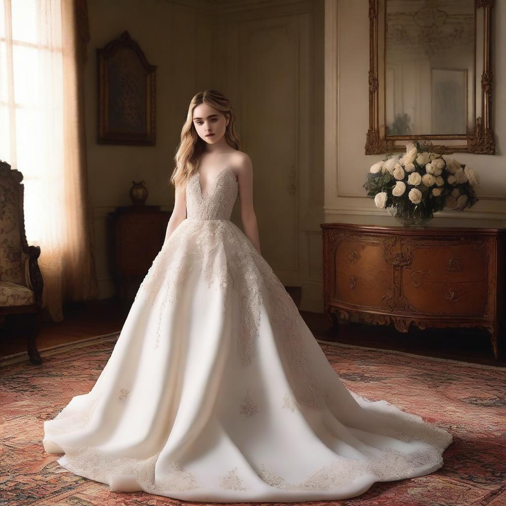 A gorgeous and cute Sabrina Carpenter wearing an elegant white gown