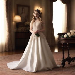 A gorgeous and cute Sabrina Carpenter wearing an elegant white gown