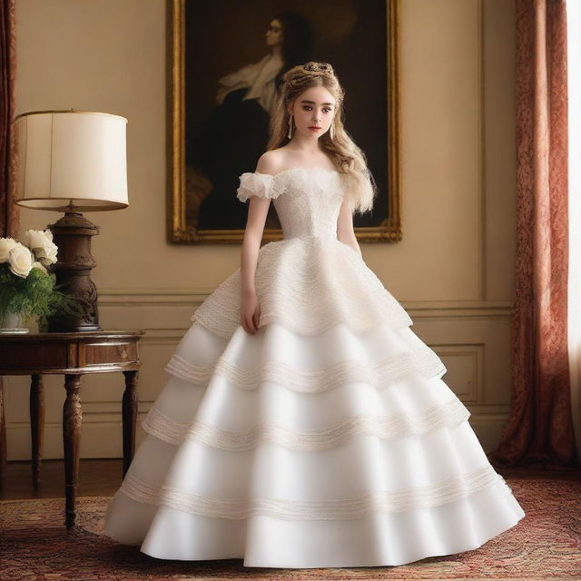 Sabrina Carpenter wearing a beautiful white two-tiered hoop skirt, standing gracefully with her hair braided down one shoulder