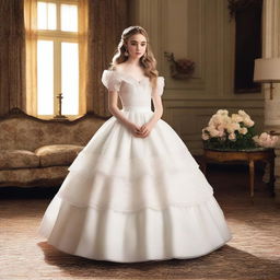 Sabrina Carpenter wearing a beautiful white two-tiered hoop skirt, standing gracefully with her hair braided down one shoulder