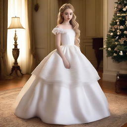 Sabrina Carpenter wearing a beautiful white two-tiered hoop skirt, standing gracefully with her hair braided down one shoulder