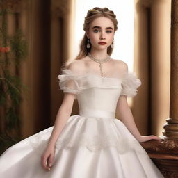 Sabrina Carpenter wearing a beautiful white two-tiered hoop skirt, standing gracefully with her hair braided down one shoulder