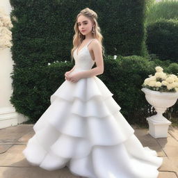 A beautiful and elegant Sabrina Carpenter in a sleeveless white two-tiered wedding dress