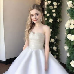 A beautiful and elegant Sabrina Carpenter in a sleeveless white two-tiered wedding dress