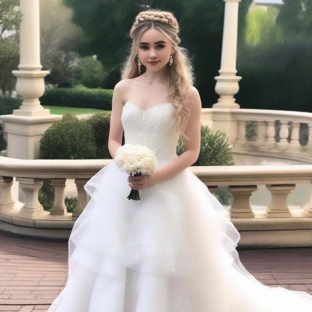 A beautiful and elegant Sabrina Carpenter in a sleeveless white two-tiered wedding dress