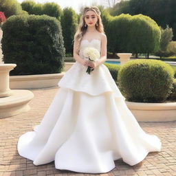 A beautiful and elegant Sabrina Carpenter in a sleeveless white two-tiered wedding dress