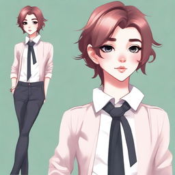 Create an image of a femboy character with soft, delicate features, wearing stylish androgynous clothing