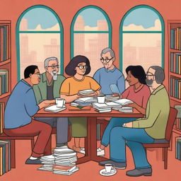 Create a detailed and colorful cartoon-style book cover art of a diverse group of people representing the Juan Ramón Molina Book Club, gathered in a cozy corner of a library