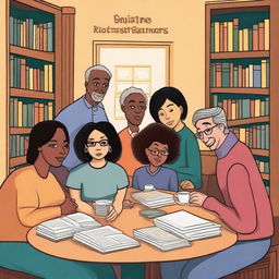 Create a detailed and colorful cartoon-style book cover art of a diverse group of people representing the Juan Ramón Molina Book Club, gathered in a cozy corner of a library