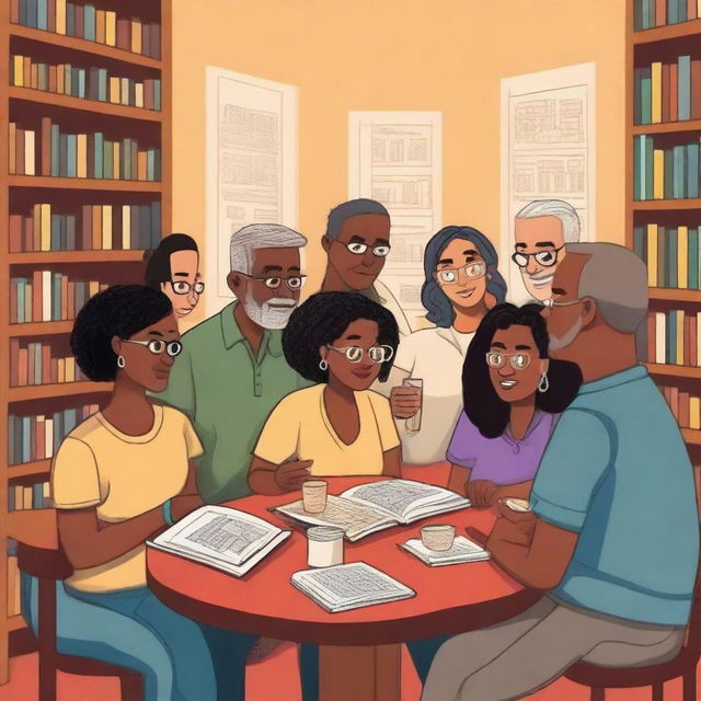 Create a detailed and colorful cartoon-style book cover art of a diverse group of people representing the Juan Ramón Molina Book Club, gathered in a cozy corner of a library