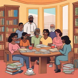 Create a detailed and colorful cartoon-style book cover art of a diverse group of people representing the Juan Ramón Molina Book Club, gathered in a cozy corner of a library