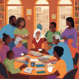 Create a detailed and colorful illustrative-style book cover art of a diverse group of people representing the Juan Ramón Molina Book Club, gathered in a cozy corner of a library