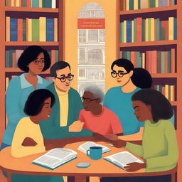 Create a detailed and colorful illustrative-style book cover art of a diverse group of people representing the Juan Ramón Molina Book Club, gathered in a cozy corner of a library