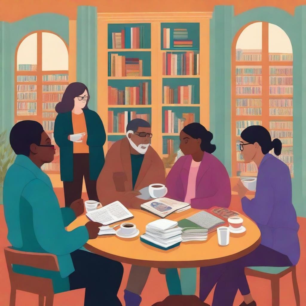 Create a detailed and colorful illustrative-style book cover art of a diverse group of people representing the Juan Ramón Molina Book Club, gathered in a cozy corner of a library