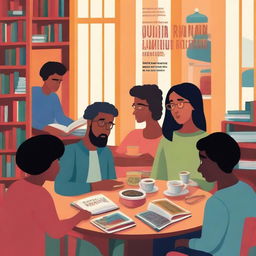 Create a detailed and colorful illustrative-style book cover art of a diverse group of people representing the Juan Ramón Molina Book Club, gathered in a cozy corner of a library