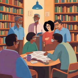 Generate a detailed and colorful book cover art in an illustrative style of a diverse group of people representing the Club de Lectura Juan Ramón Molina, gathered in a cozy corner of a library