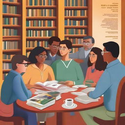 Generate a detailed and colorful book cover art in an illustrative style of a diverse group of people representing the Club de Lectura Juan Ramón Molina, gathered in a cozy corner of a library