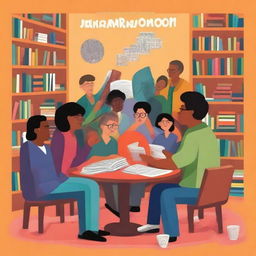 Generate a detailed and colorful book cover art in an illustrative style of a diverse group of people representing the Club de Lectura Juan Ramón Molina, gathered in a cozy corner of a library