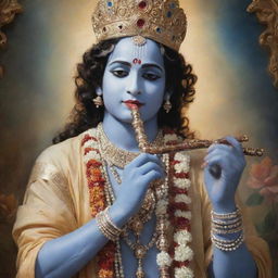 A divine image of Shri Krishna, adorned in traditional attire, playing his celestial flute surrounded by the serene beauty of Vrindavan.