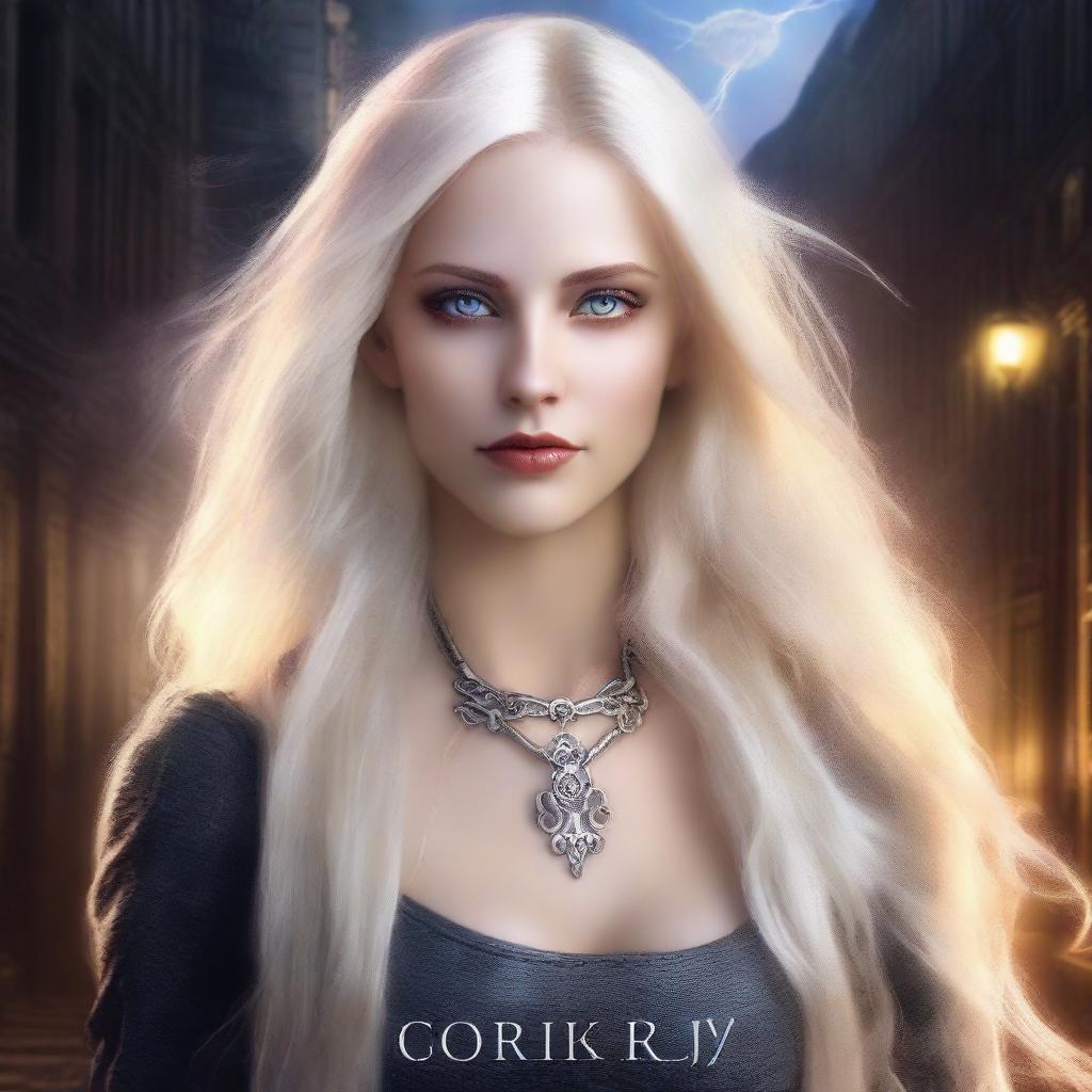 Create a book cover for an urban fantasy novel featuring a lady with long platinum blonde hair and hazel eyes