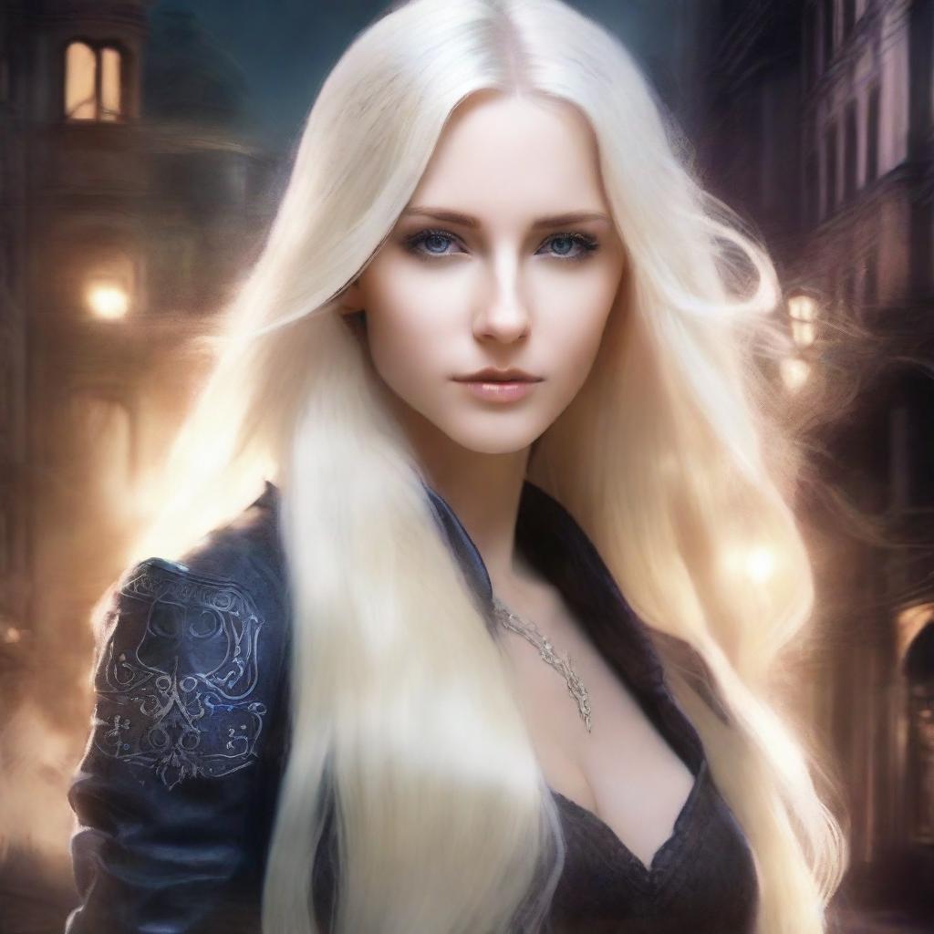 Create a book cover for an urban fantasy novel featuring a lady with long platinum blonde hair and hazel eyes