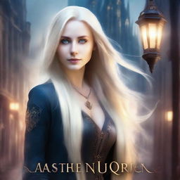 Create a book cover for an urban fantasy novel featuring a lady with long platinum blonde hair and hazel eyes