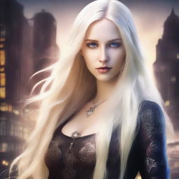 Create a book cover for an urban fantasy novel featuring a lady with long platinum blonde hair and hazel eyes