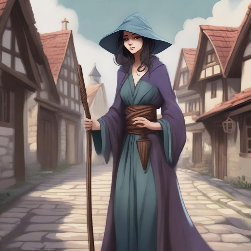 A detailed illustration of a human female sorcerer dressed as a commoner