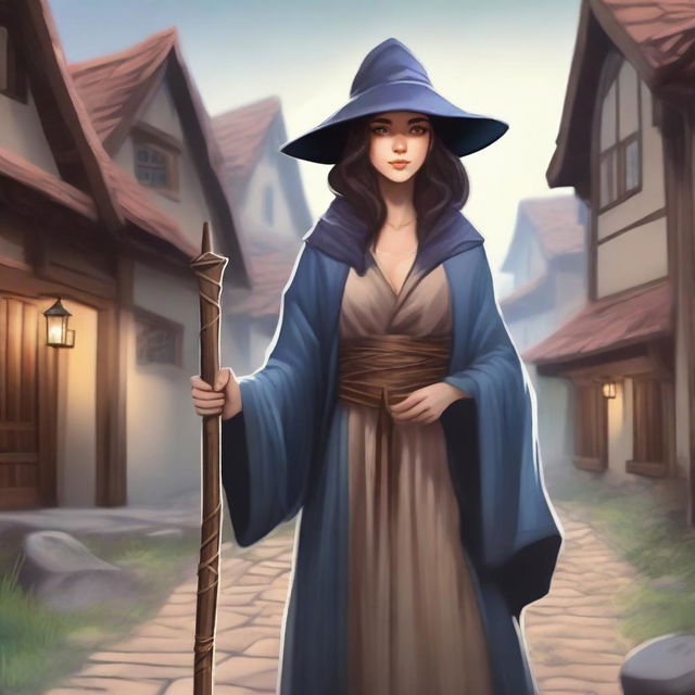 A detailed illustration of a human female sorcerer dressed as a commoner