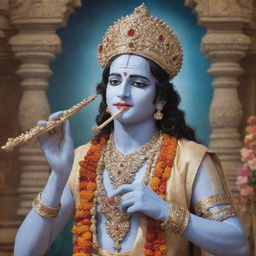 A divine image of Shri Krishna, adorned in traditional attire, playing his celestial flute surrounded by the serene beauty of Vrindavan.