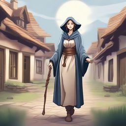 A detailed illustration of a human female sorcerer dressed as a commoner