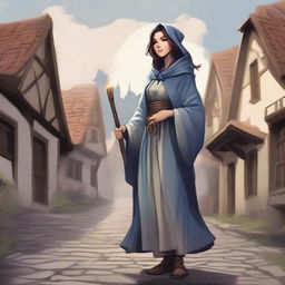 A detailed illustration of a human female sorcerer dressed as a commoner