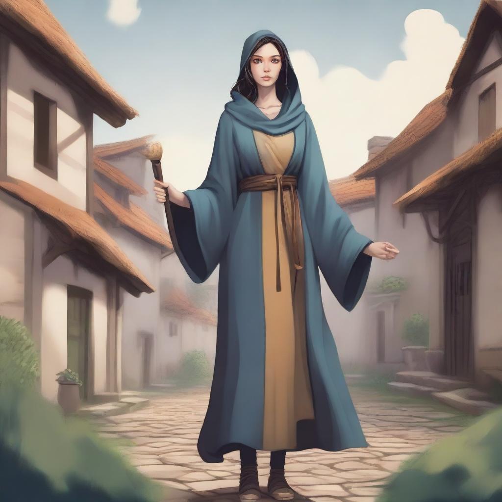 A detailed illustration of a human female sorcerer dressed as a commoner