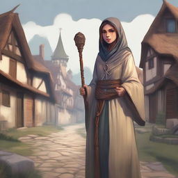 A detailed illustration of a human female sorcerer dressed as a commoner