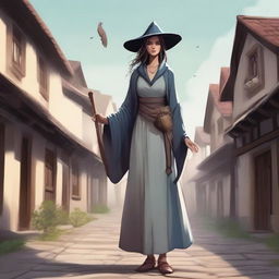 A detailed illustration of a human female sorcerer dressed as a commoner