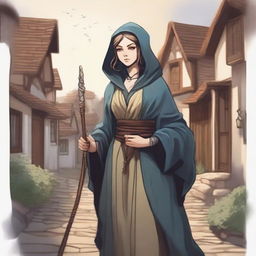 A detailed illustration of a human female sorcerer dressed as a commoner