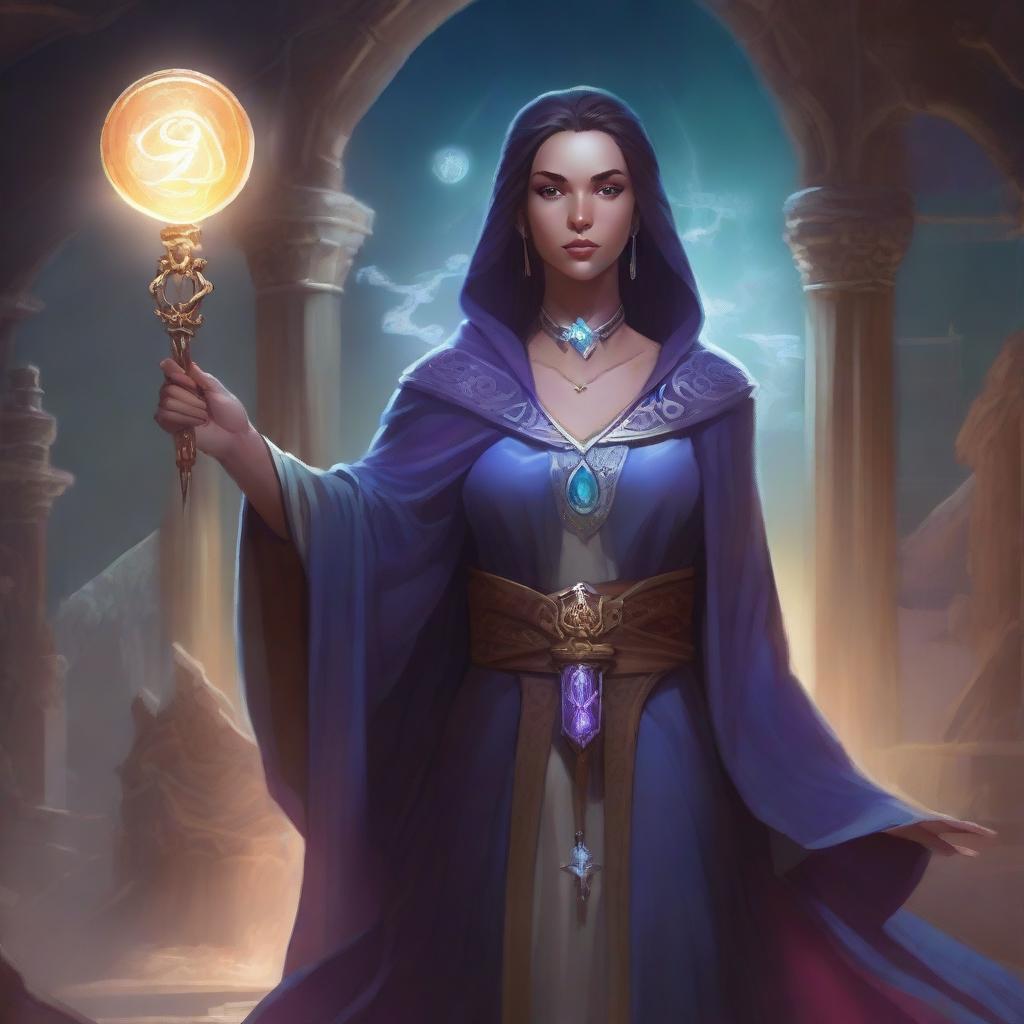 A detailed illustration of a human female sorcerer in a Dungeons and Dragons setting