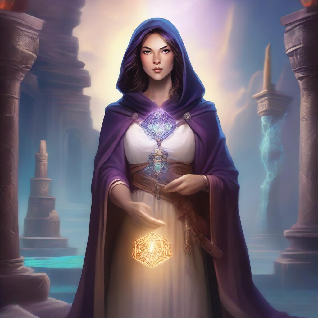 A detailed illustration of a human female sorcerer in a Dungeons and Dragons setting