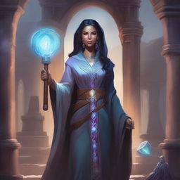 A detailed illustration of a human female sorcerer in a Dungeons and Dragons setting