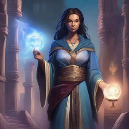 A detailed illustration of a human female sorcerer in a Dungeons and Dragons setting